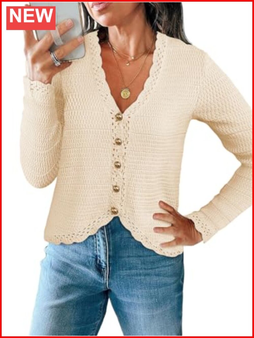 Cropped V Neck Button Down Cardigan Sweater Boho Knit Long Sleeve